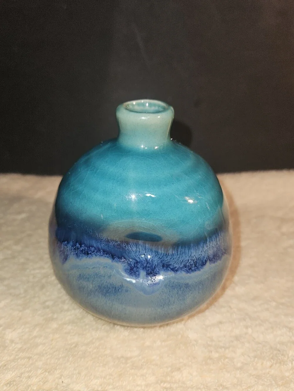 Vintage Kotobuki Japanese Ceramic Mini Bud Vase Mino Ware Ocean Blue Glaze Art